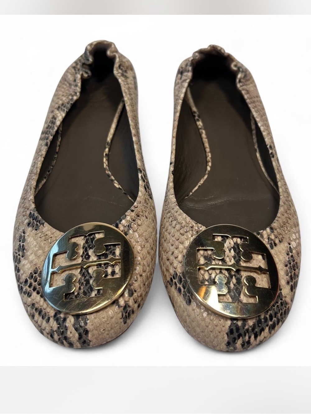 Tory Burch Reva Snakeskin-Embossed Ballet Flats, gold tone double-T medallion8.5